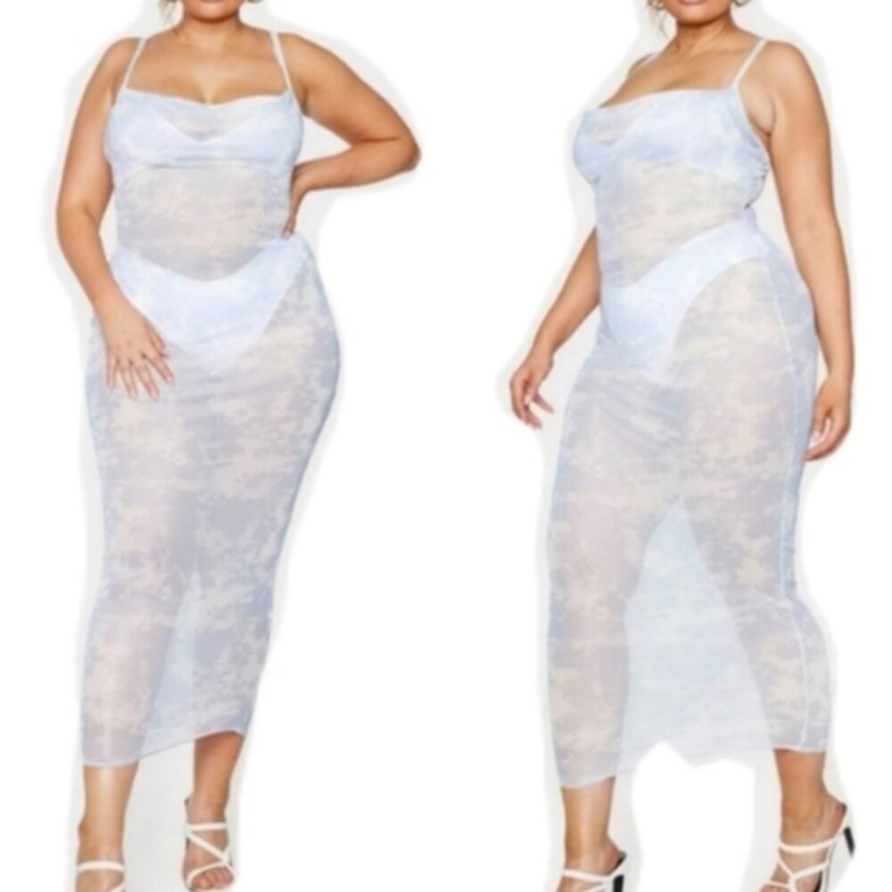 ✨ PLT Plus Size 14 Sky Blue Cloud Print Mesh Midaxi Dress ✨